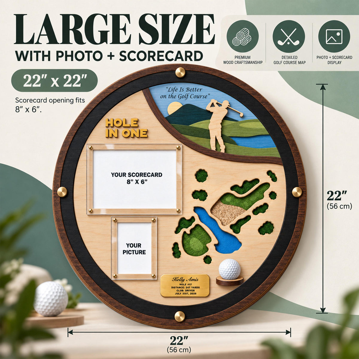 Round hole in one wall display – large size with photo and scorecard