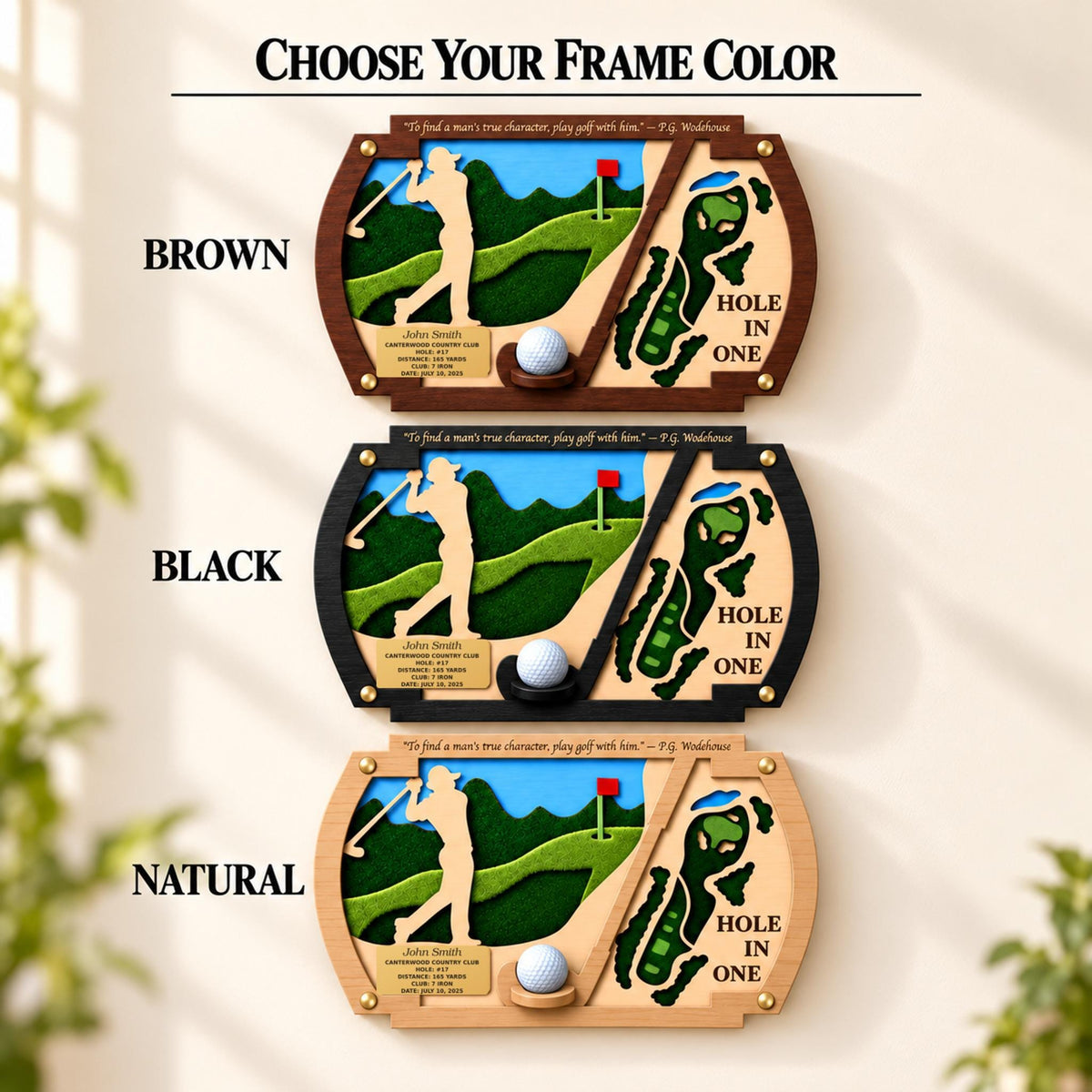 Hole in one frame with golfer silhouette – brown, black and natural frame colors