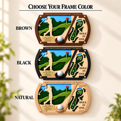 Hole in one frame with golfer silhouette – brown, black and natural frame colors