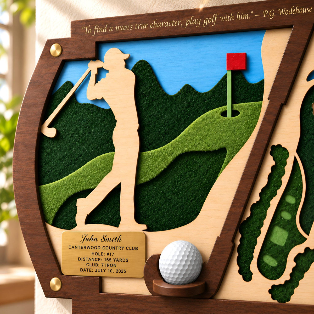 Hole in one frame with golfer silhouette – engraved brass plaque close-up