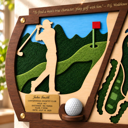 Hole in one frame with golfer silhouette – engraved brass plaque close-up