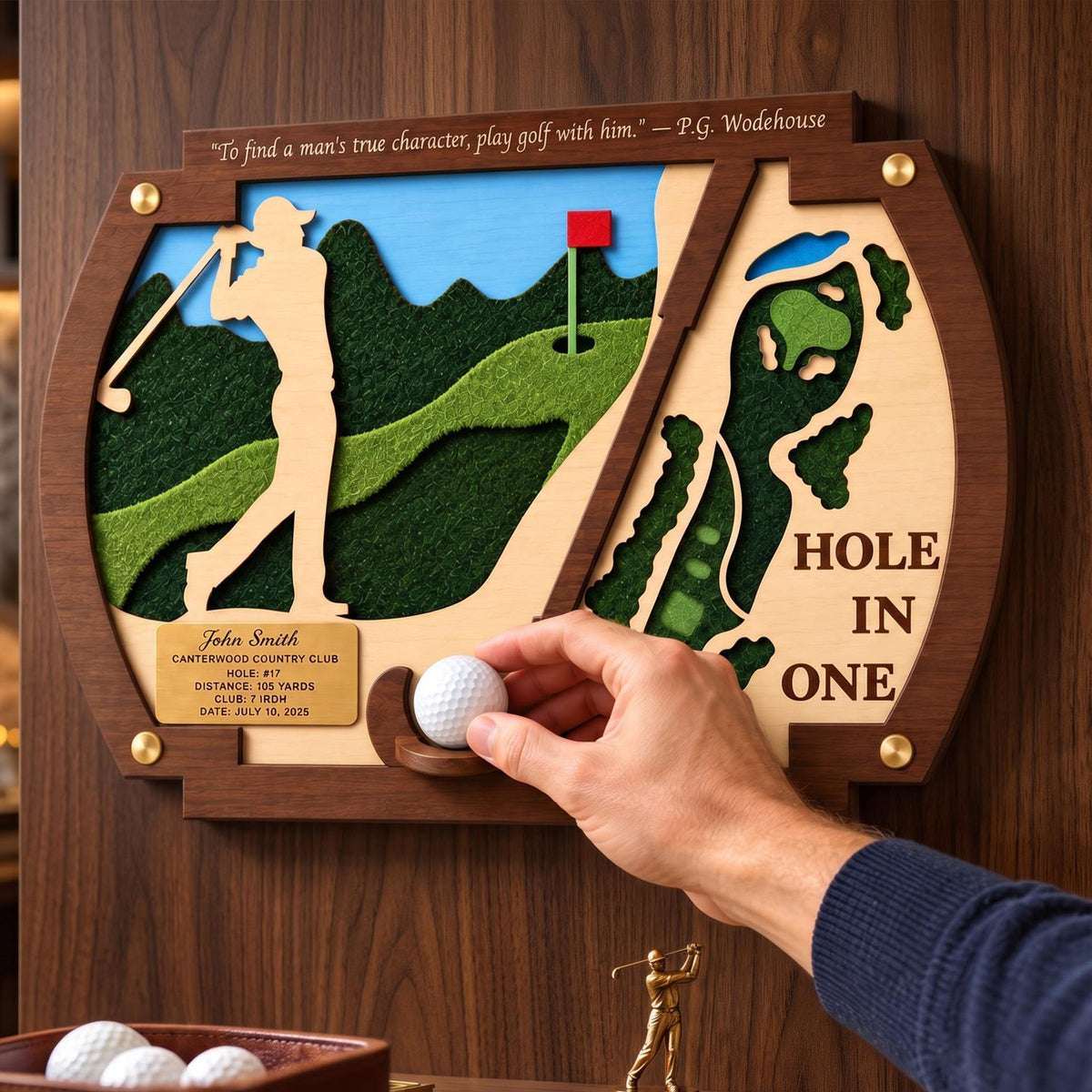 Hole in one frame with golfer silhouette – placing the golf ball in the cup