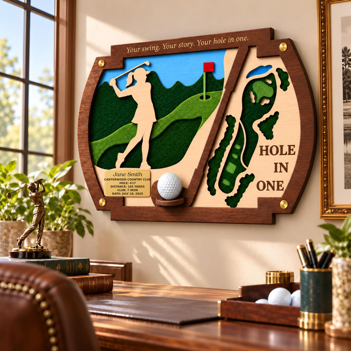 Hole in one frame with golfer silhouette – hanging on a home office wall
