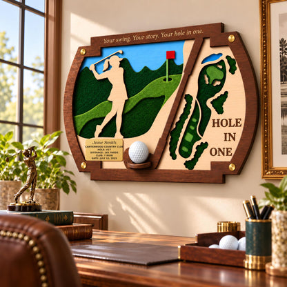 Hole in one frame with golfer silhouette – hanging on a home office wall