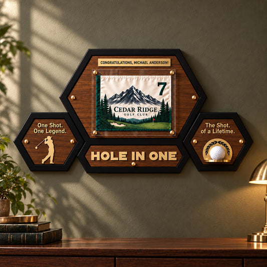 Hole in one flag display set – hexagon pin flag frame, golfer plaque and ball holder on a wall