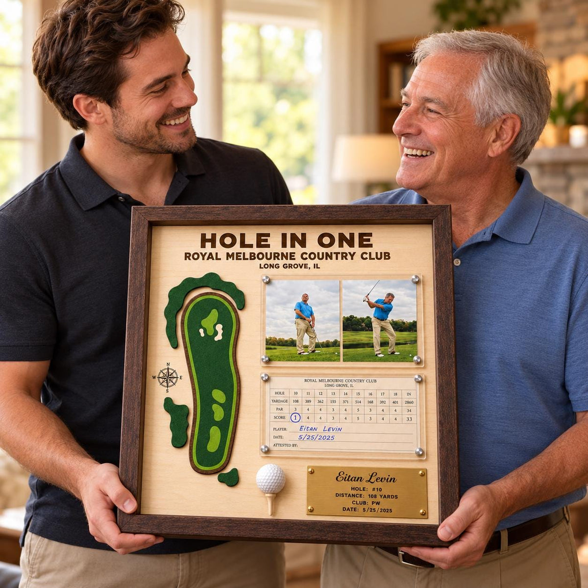 Golf scorecard frame with photo – golfers holding the hole in one plaque