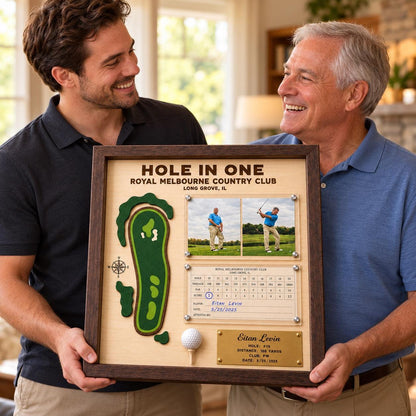 Golf scorecard frame with photo – golfers holding the hole in one plaque
