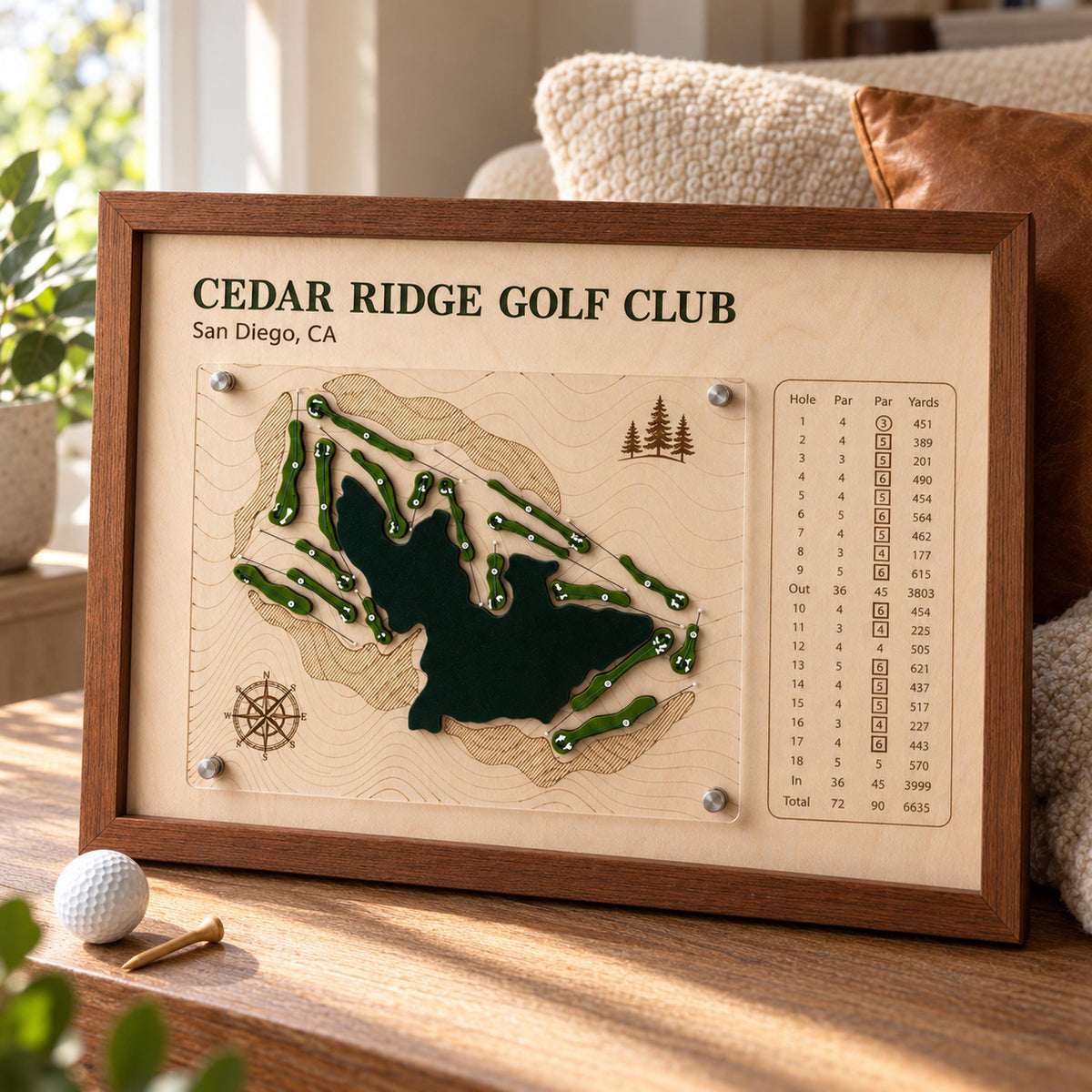 Golf retirement gift course map – framed 3D wooden map with engraved scorecard