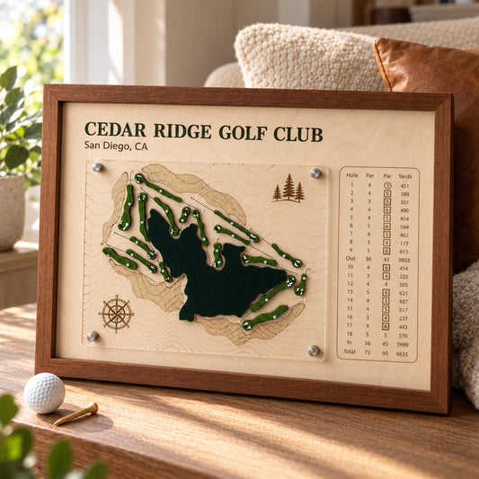 Golf retirement gift course map – framed 3D wooden map with engraved scorecard