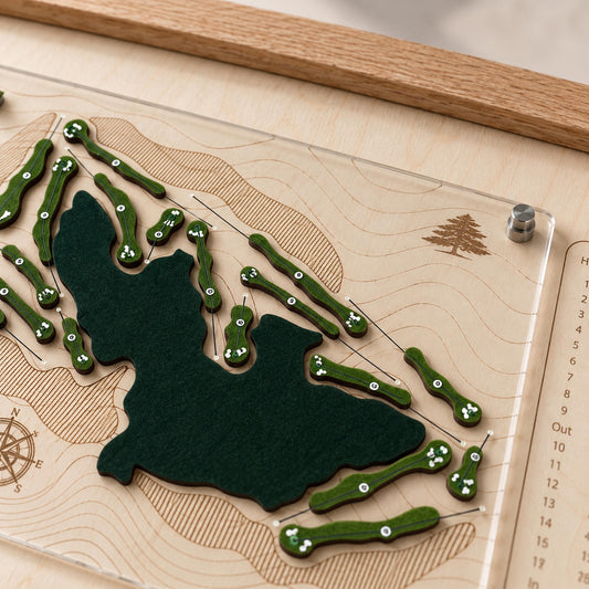 Golf retirement gift course map – layered fairways and greens close-up