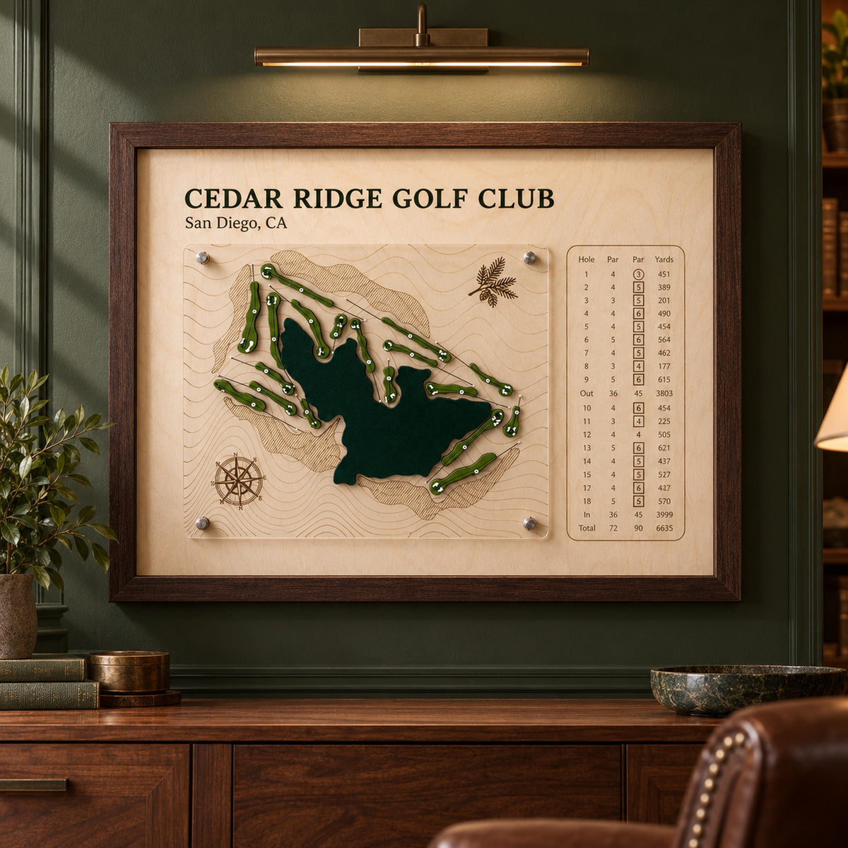 Golf retirement gift course map – displayed on an office shelf
