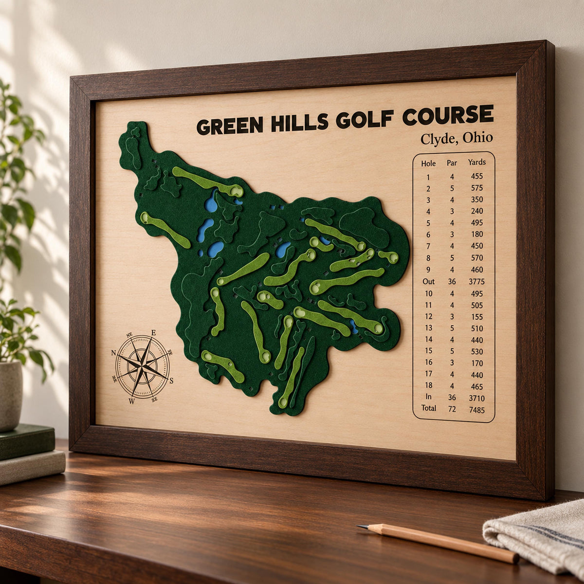 Personalized home golf course map – brown frame version