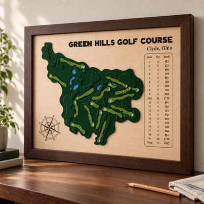 Personalized home golf course map – brown frame version