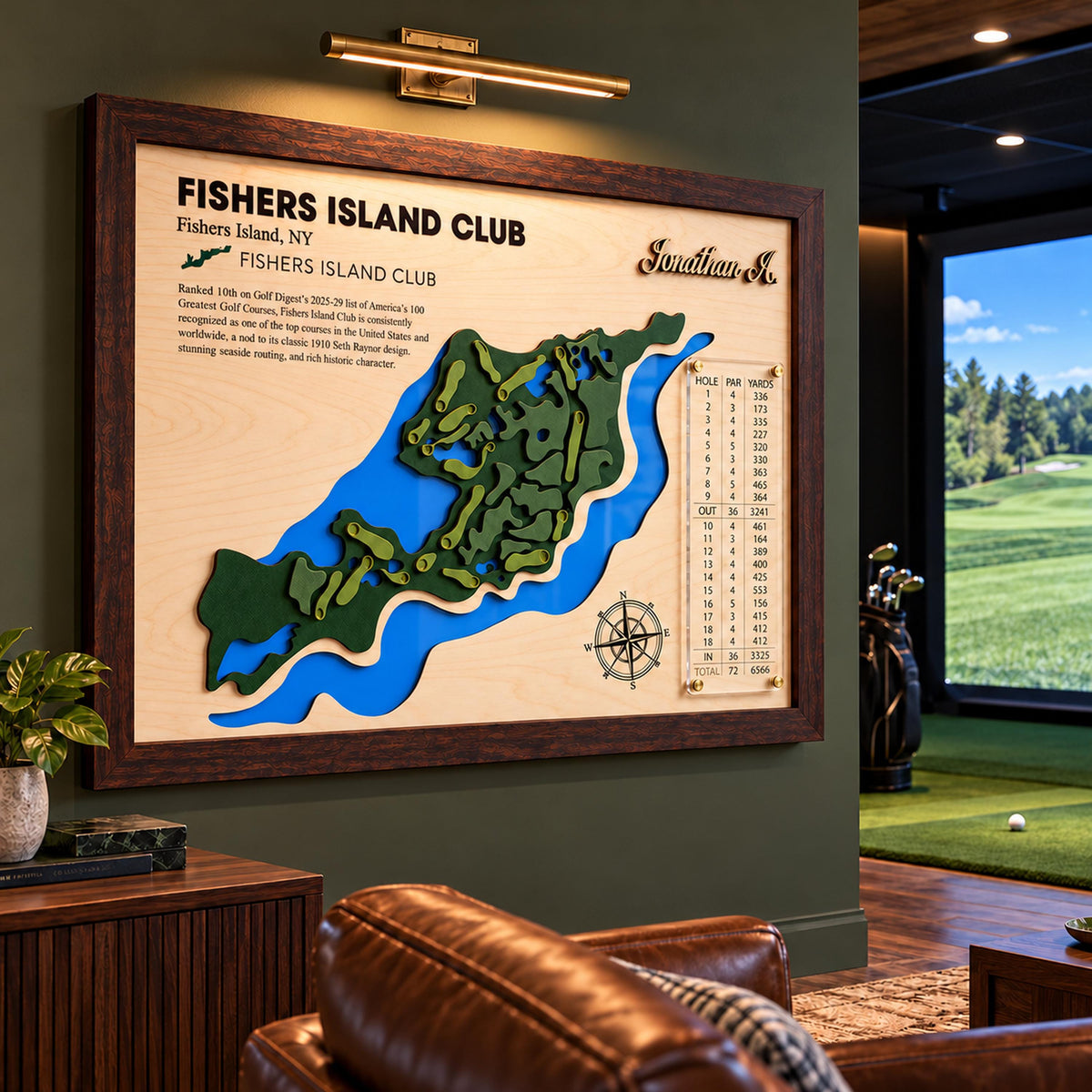 Golf simulator room decor course map – 3D course map beside a golf simulator