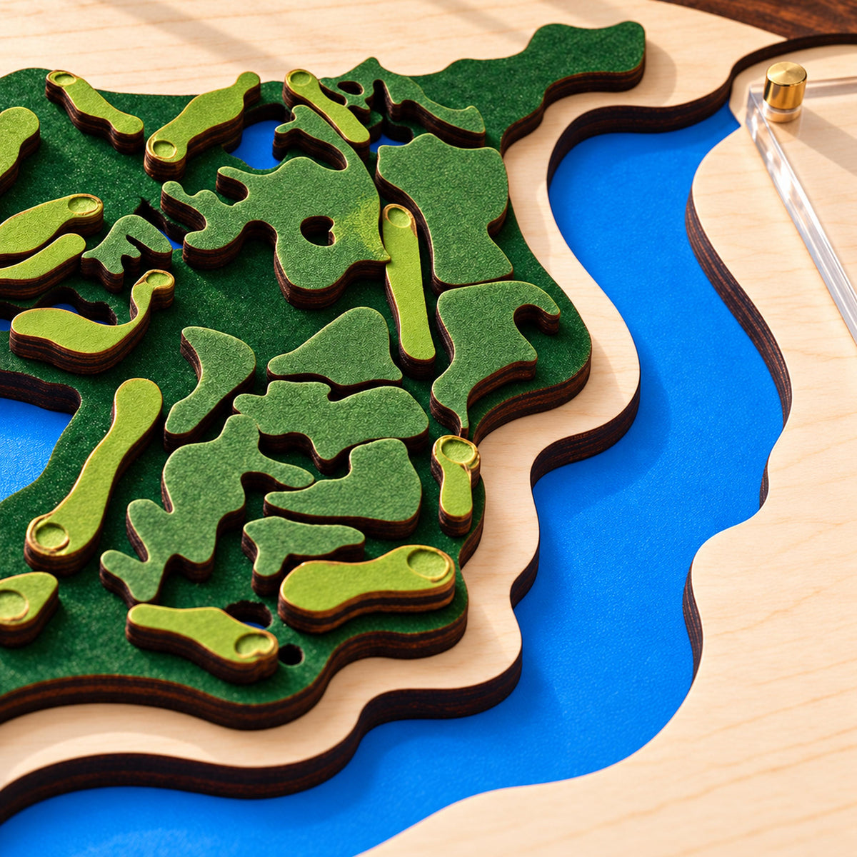 Golf simulator room decor course map – layered greens and water close-up