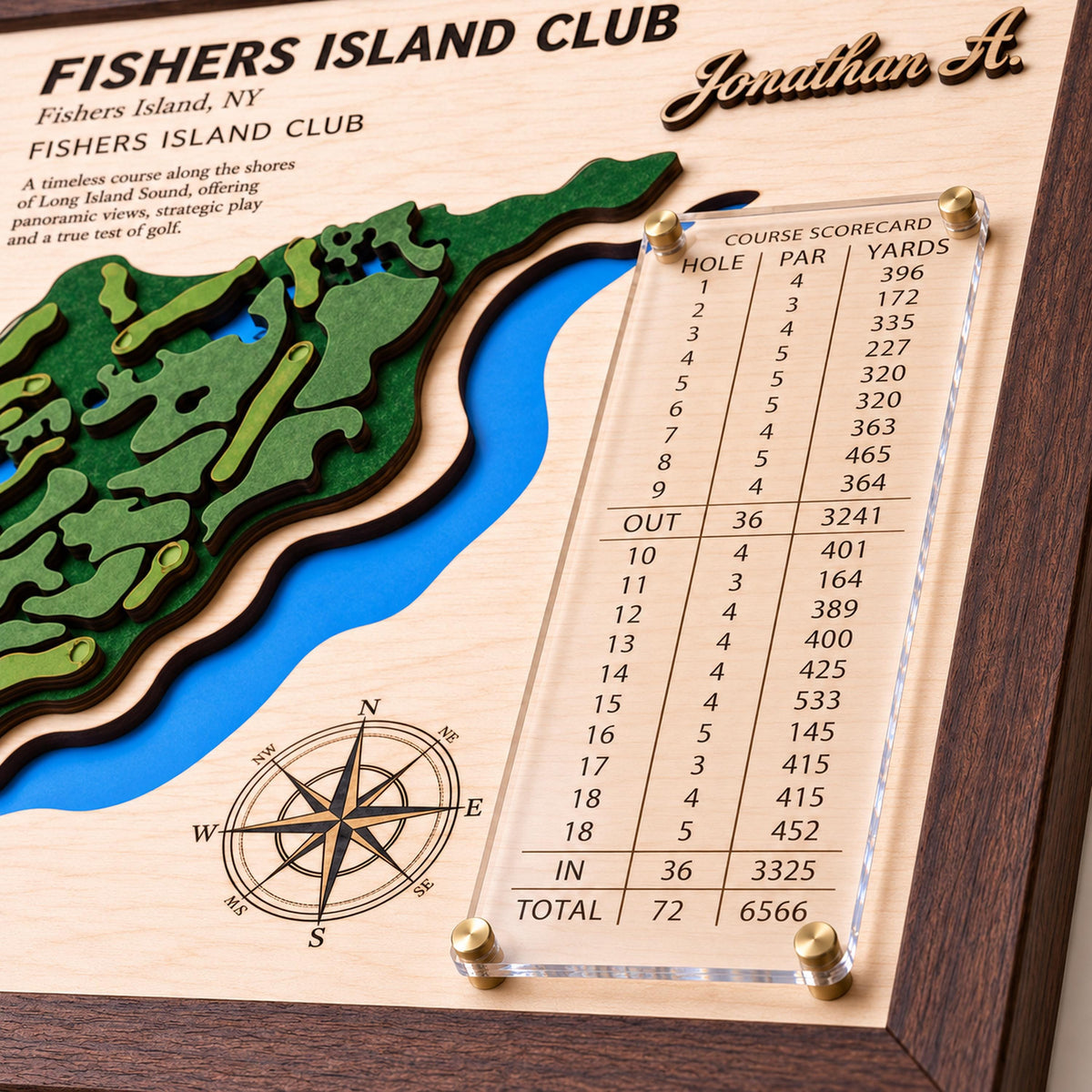 Golf simulator room decor course map – engraved scorecard and compass rose