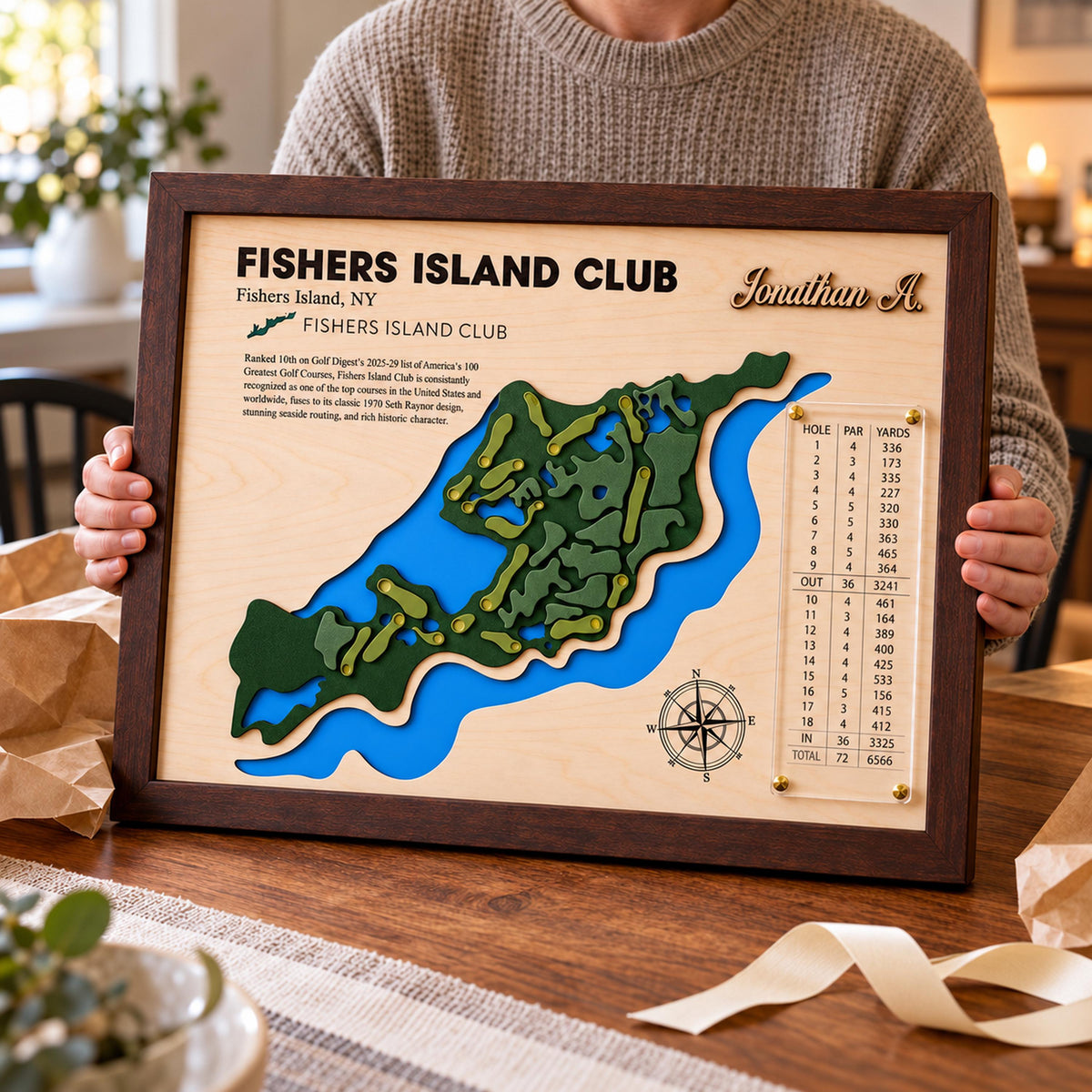 Golf simulator room decor course map – held to show the frame depth