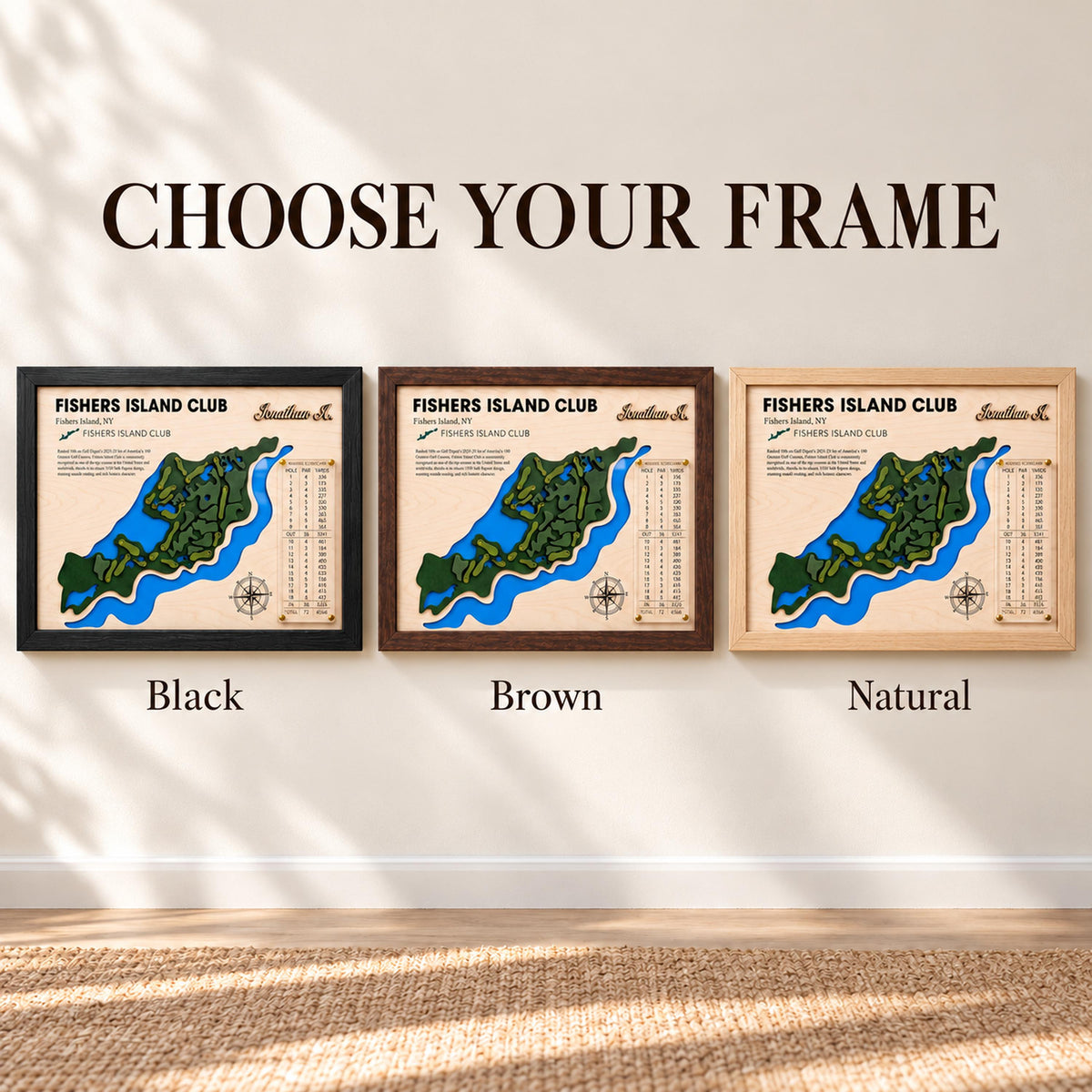 Golf simulator room decor course map – black, brown or natural frame