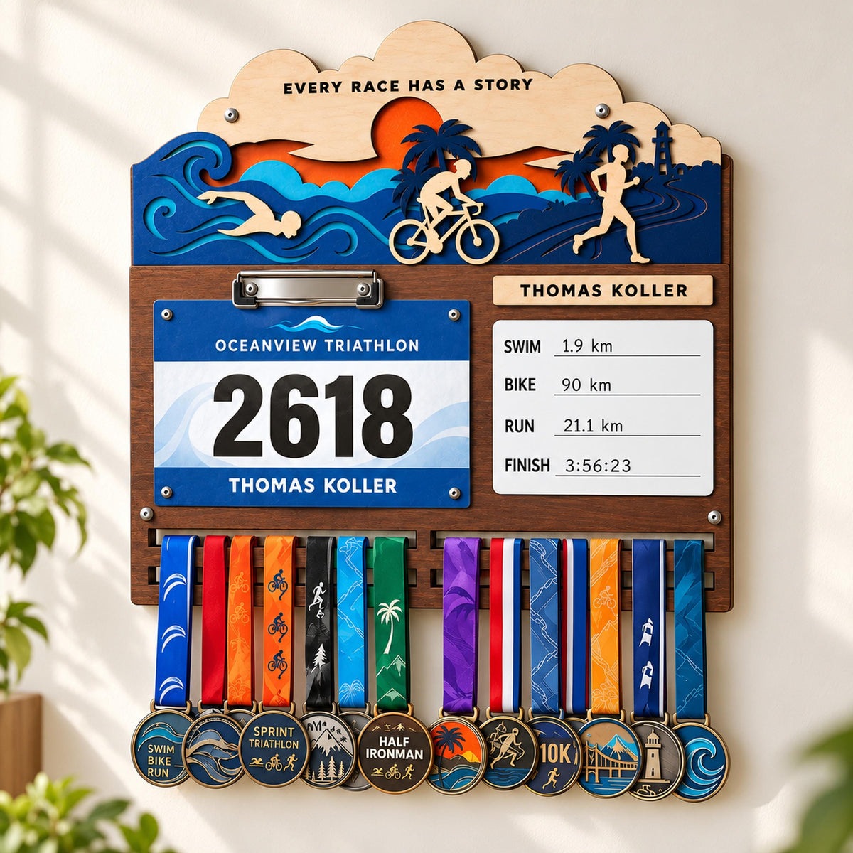 Triathlon medal holder and race bib display – split time board and medals