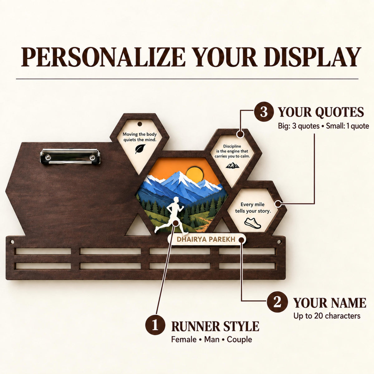 Hexagon race bib and medal holder – personalize your quotes, name and runner