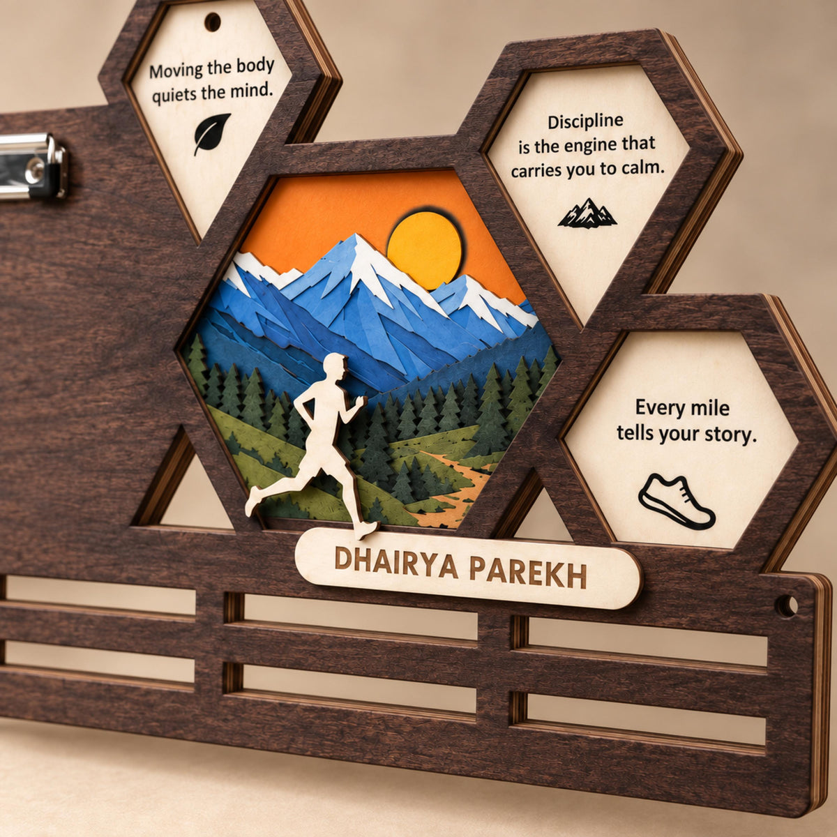 Hexagon race bib and medal holder – 3D trail scene and engraved name plate