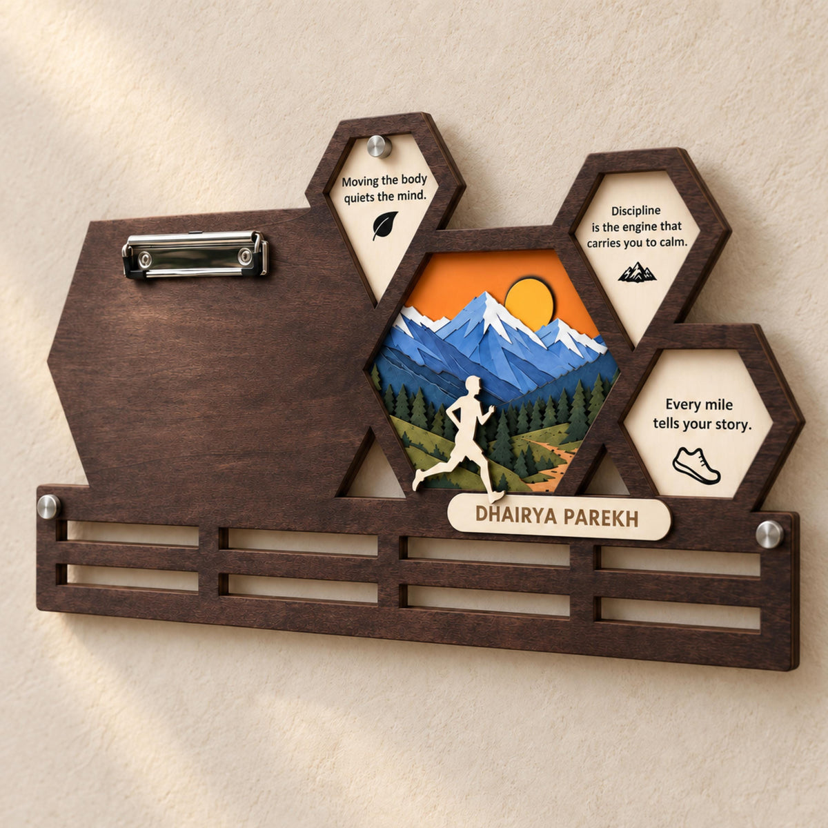 Hexagon race bib and medal holder – empty board before medals