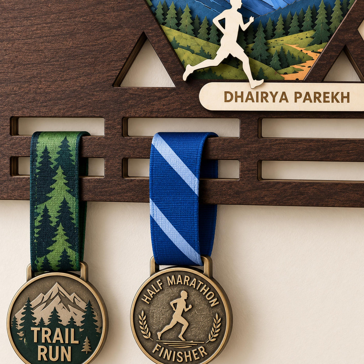Hexagon race bib and medal holder – name plate and medal rail close-up
