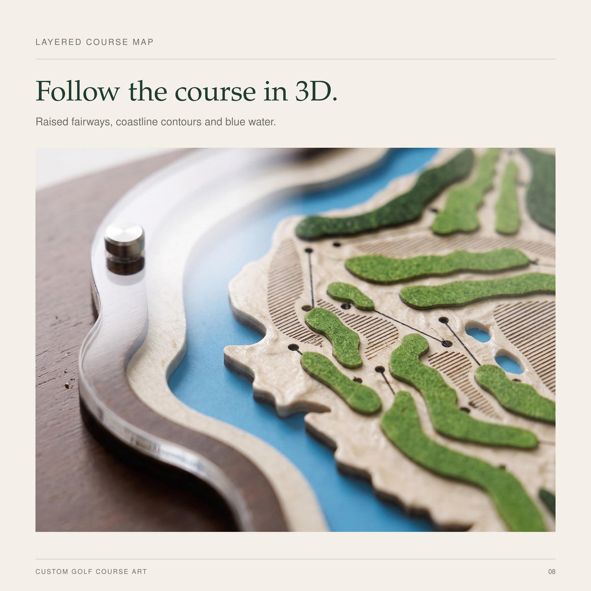 3D golf course map with golfer silhouette – fairways and water under clear acrylic