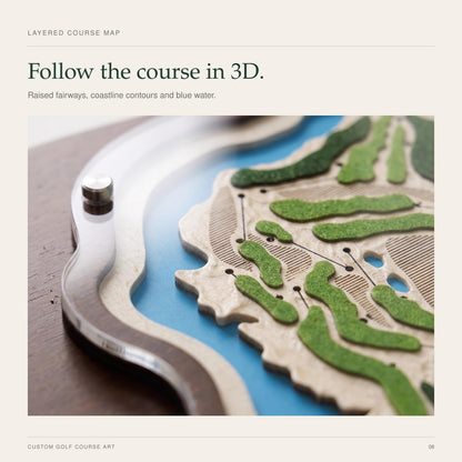 3D golf course map with golfer silhouette – fairways and water under clear acrylic