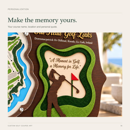 3D golf course map with golfer silhouette – carved golfer and engraved quote panel