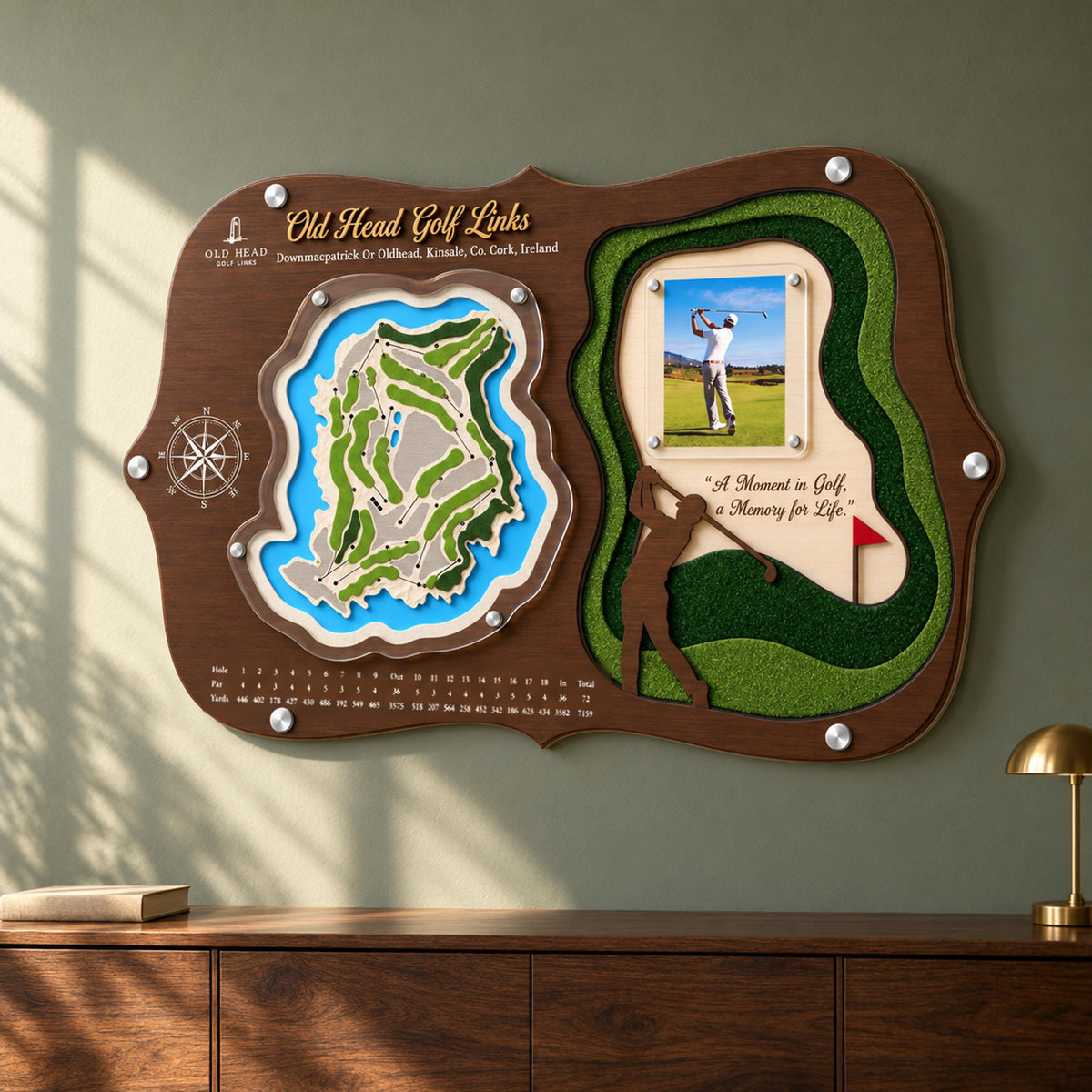 3D golf course map with golfer silhouette – hanging above a living room sofa