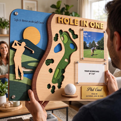 Hole in one award plaque – golfer holding the plaque with scorecard panel