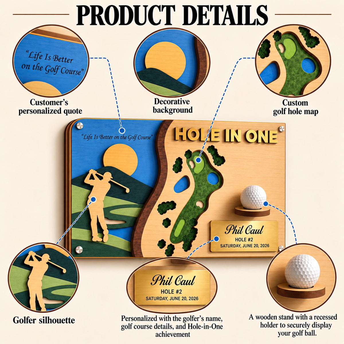 Hole in one award plaque – features: personalized plate, golfer silhouette, ball holder