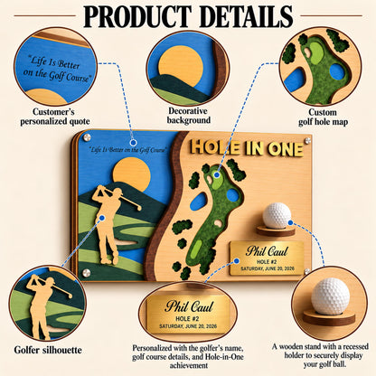 Hole in one award plaque – features: personalized plate, golfer silhouette, ball holder