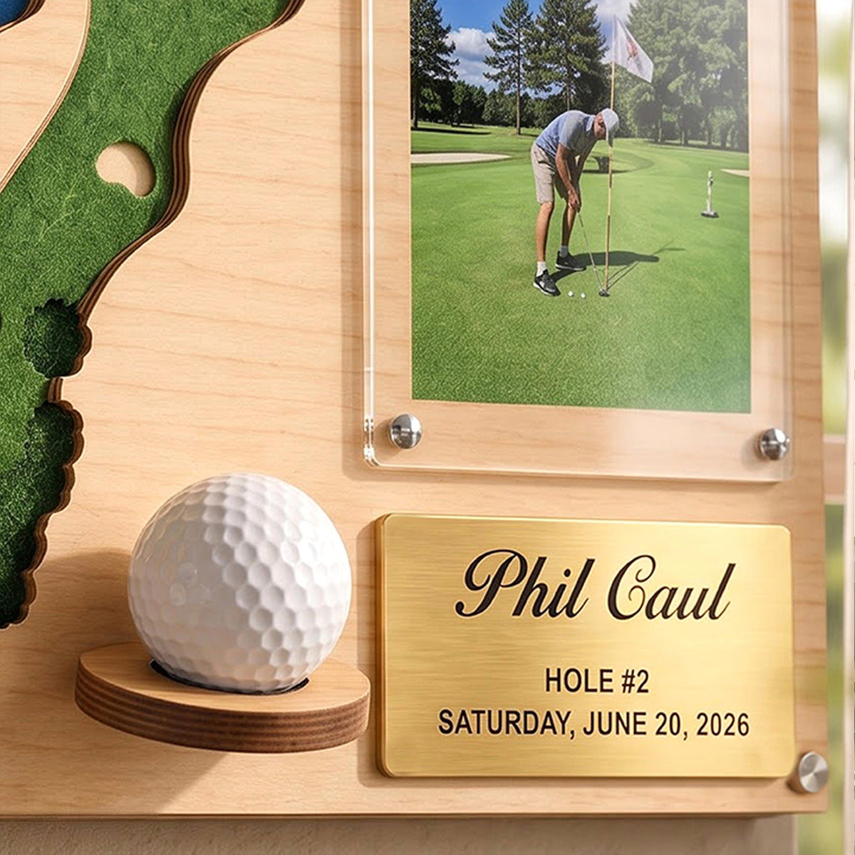 Hole in one award plaque – golf ball cradle and engraved name plate close-up