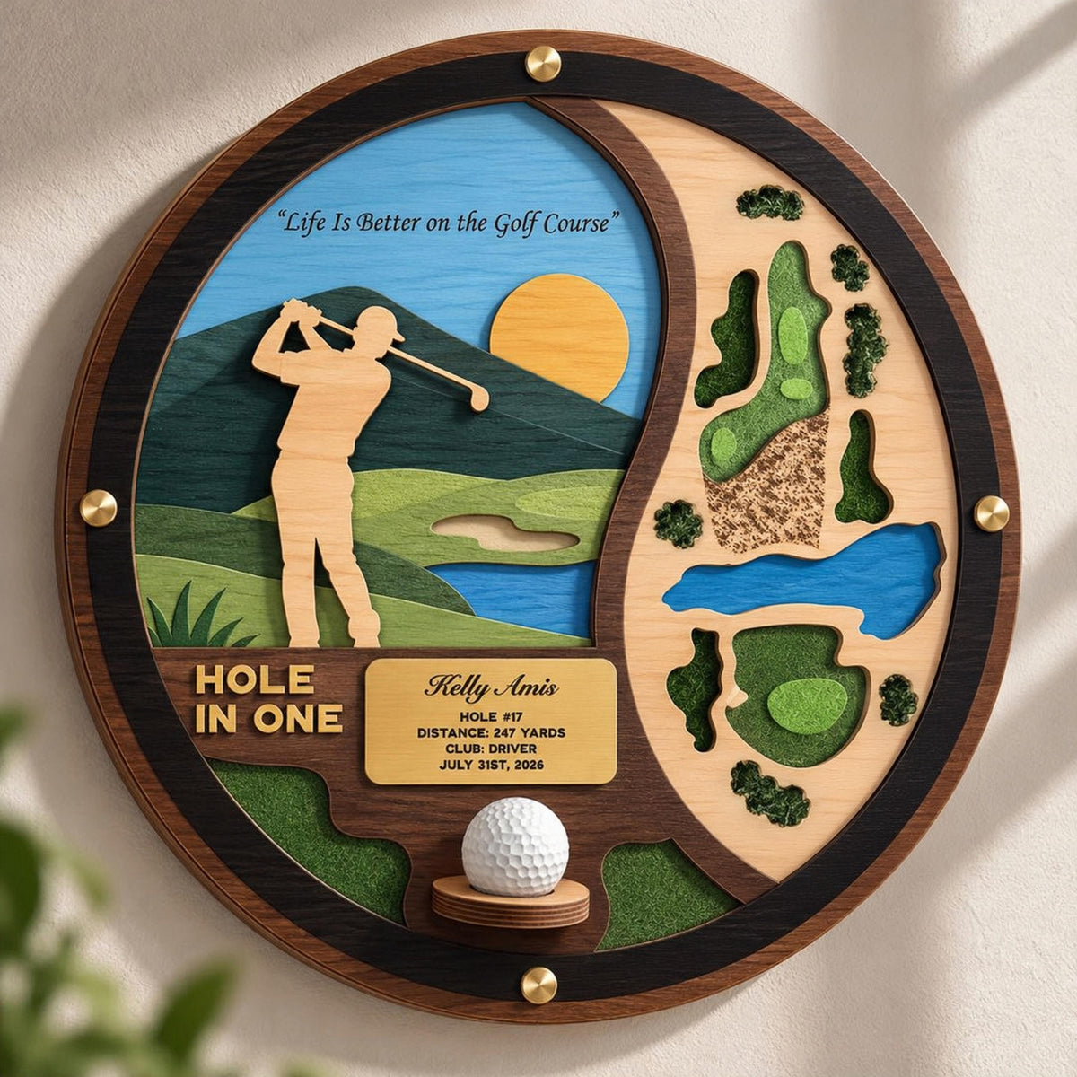 Round hole in one wall display – golfer silhouette, 3D hole map and ball cradle