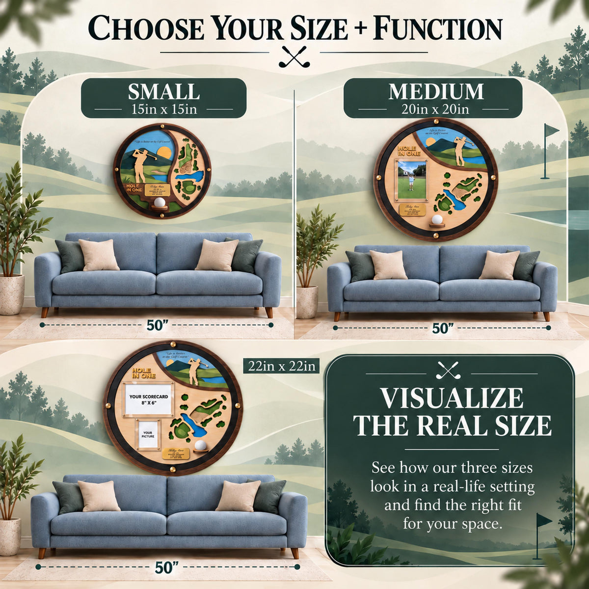 Round hole in one wall display – real-size preview on a living room wall