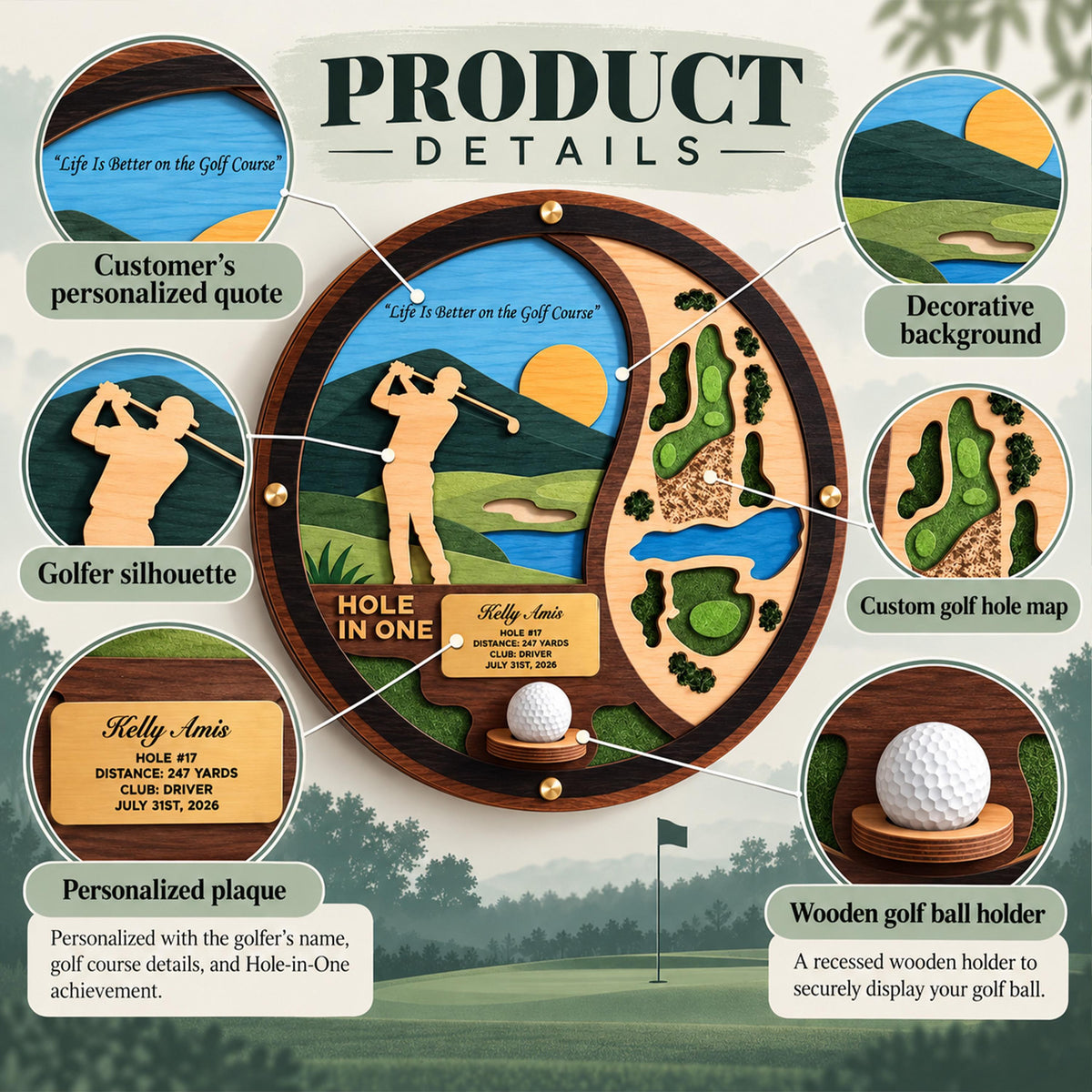Round hole in one wall display – product details and engraved plaque