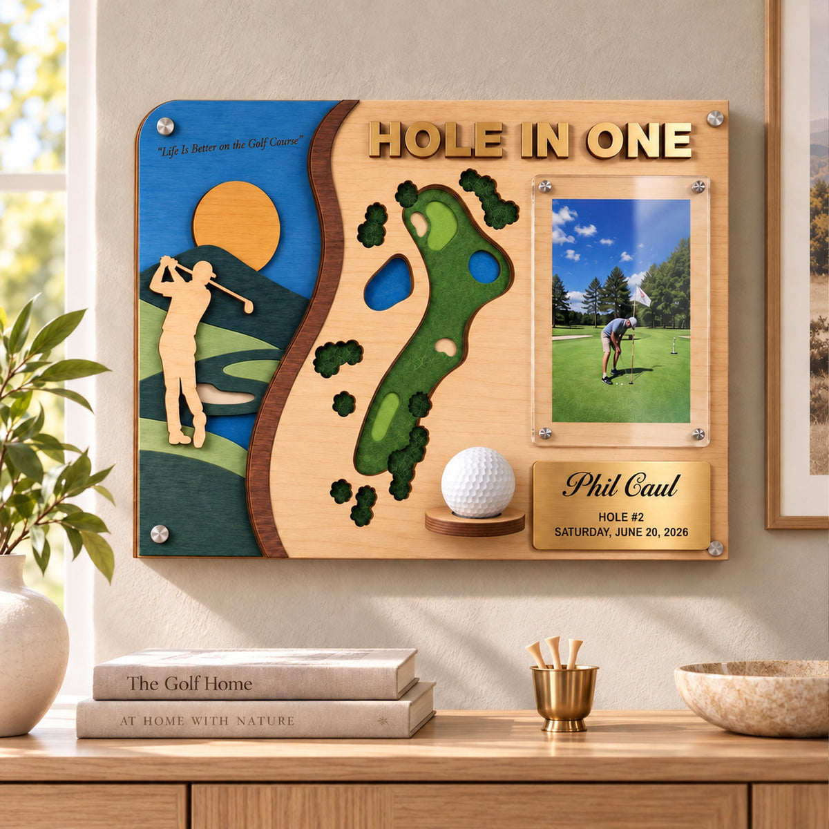 Hole in one award plaque – 3D golf hole map, golfer silhouette, photo and ball holder