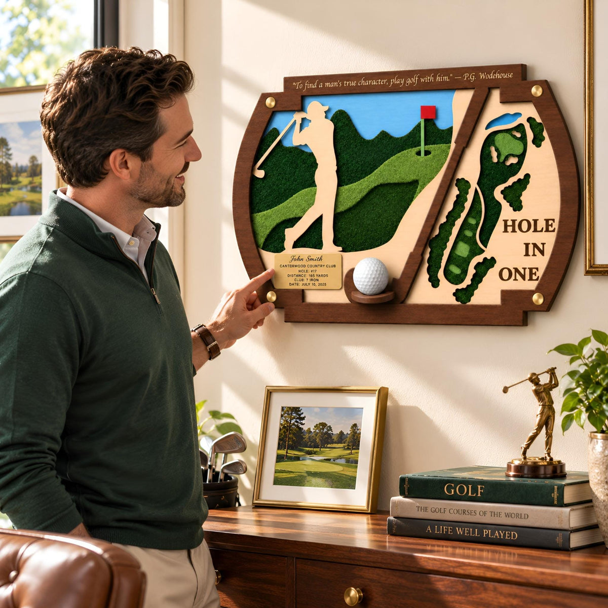 Hole in one frame with golfer silhouette – hanging the frame on the wall