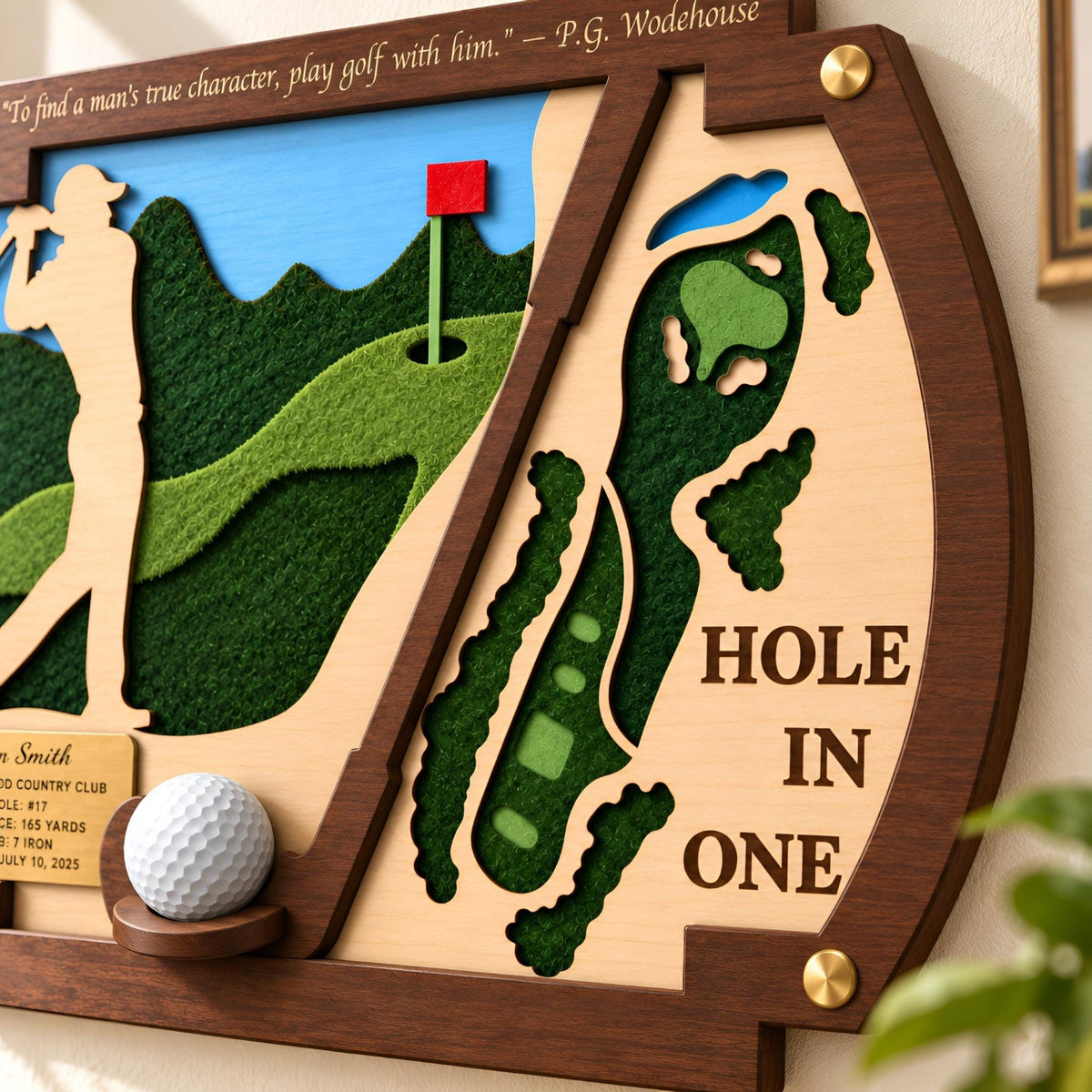Hole in one frame with golfer silhouette – 3D layered hole map detail