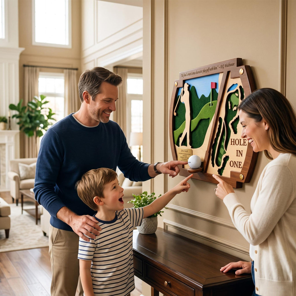 Hole in one frame with golfer silhouette – father and son hanging the gift