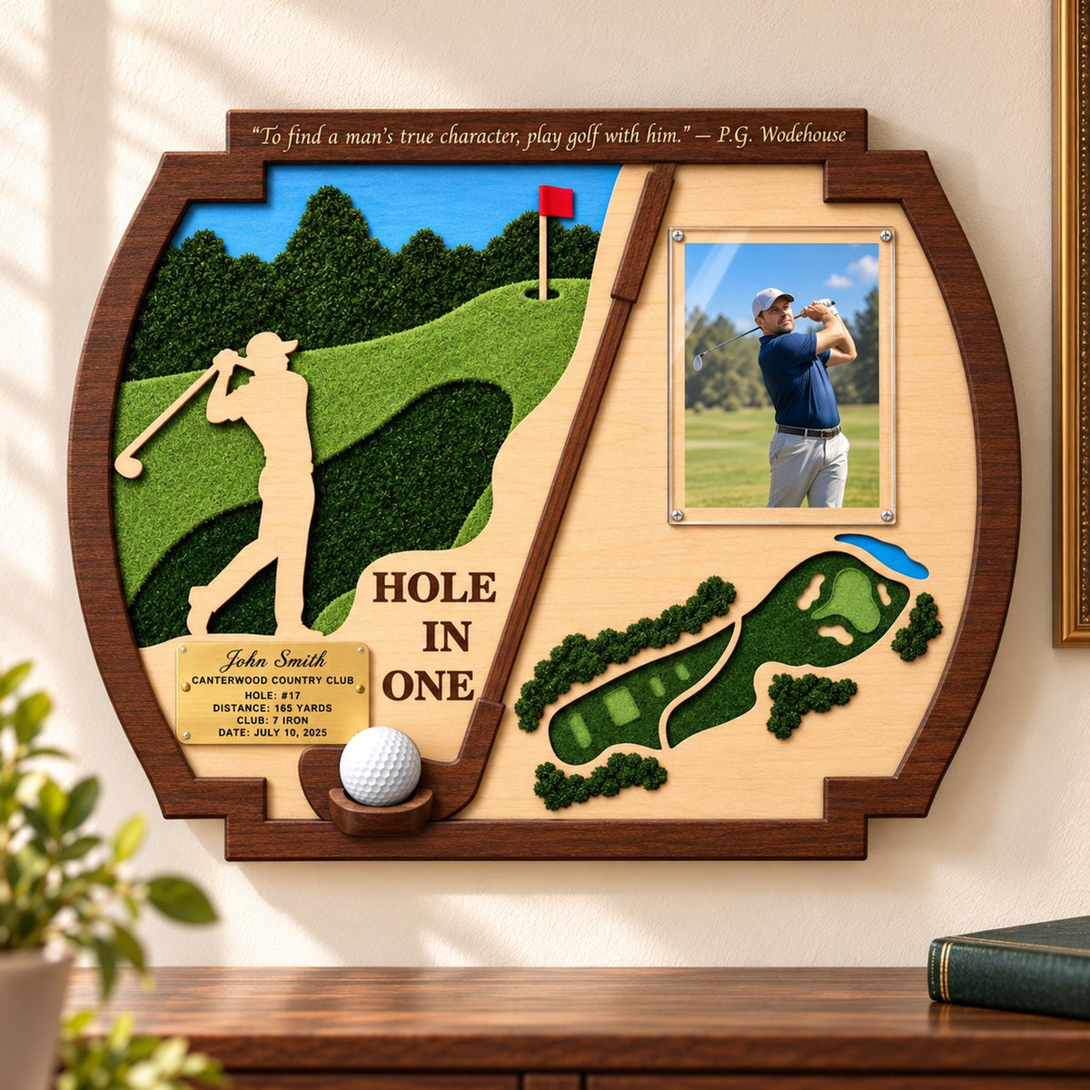 Hole in one frame with golfer silhouette – 3D hole map, photo and ball holder
