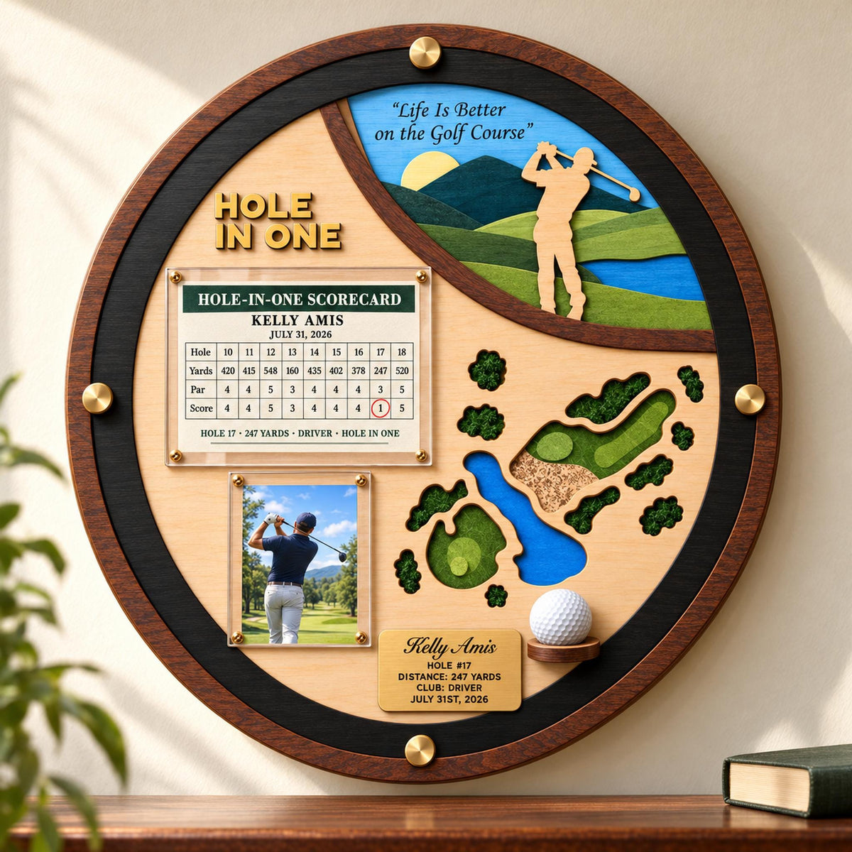 Round hole in one wall display – version with photo and scorecard panels