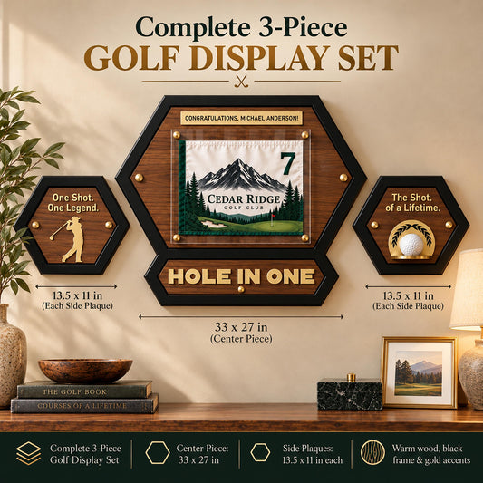 Hole in one flag display set – golf display set of three hexagon plaques